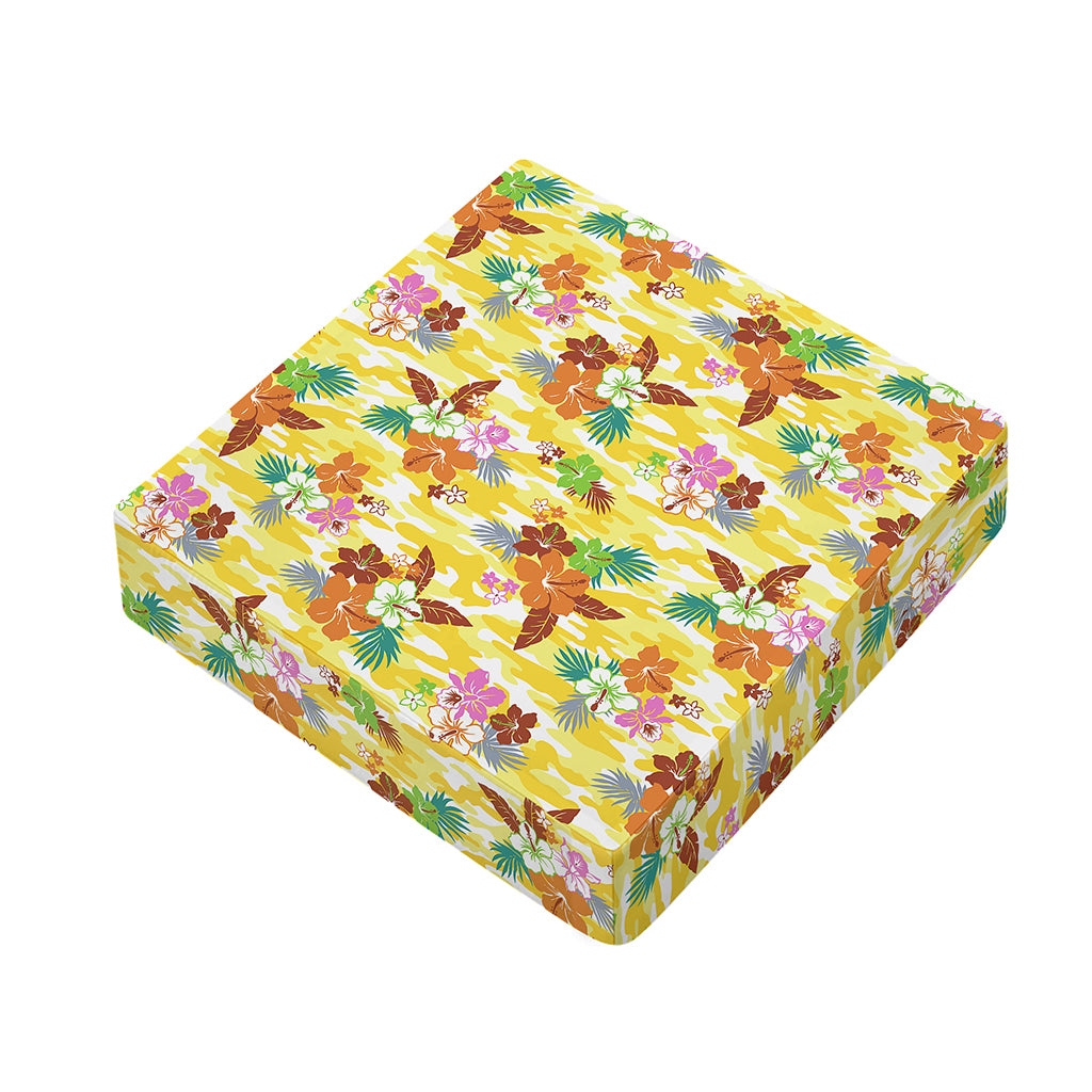 Yellow Camo And Hibiscus Flower Print Outdoor Seat Cushion Cover