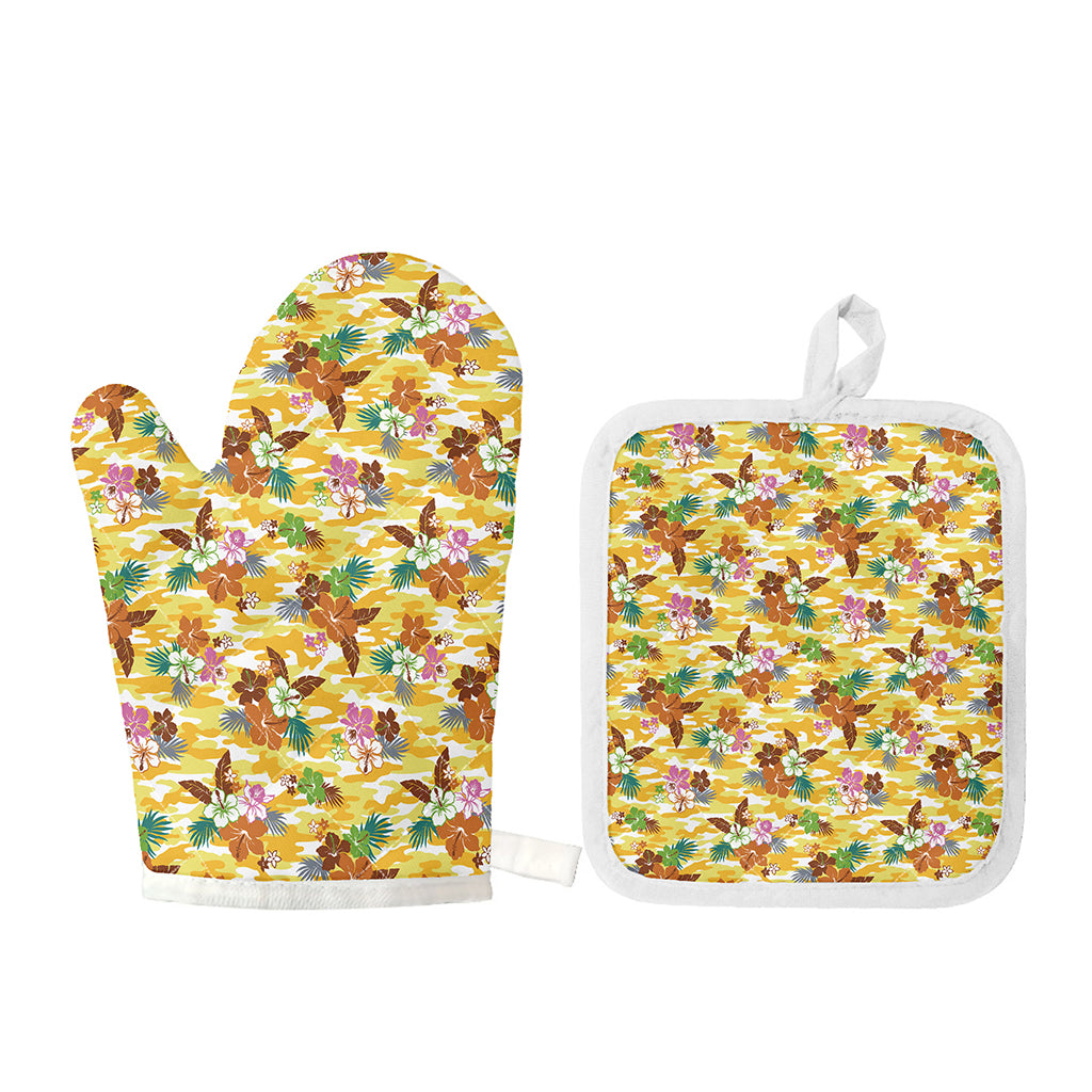 Yellow Camo And Hibiscus Flower Print Oven Mitt And Pot Holder Set