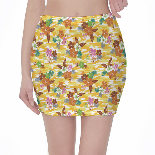 Yellow Camo And Hibiscus Flower Print Pencil Mini Skirt