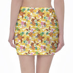 Yellow Camo And Hibiscus Flower Print Pencil Mini Skirt