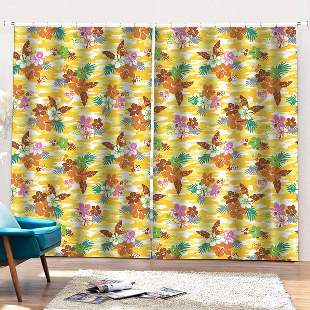 Yellow Camo And Hibiscus Flower Print Pencil Pleat Curtains