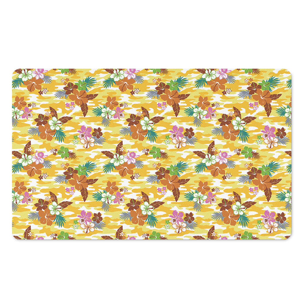 Yellow Camo And Hibiscus Flower Print Polyester Doormat