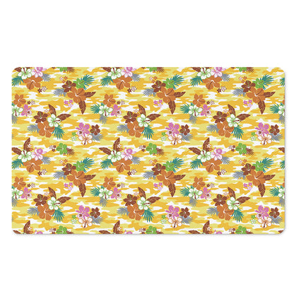 Yellow Camo And Hibiscus Flower Print Polyester Doormat