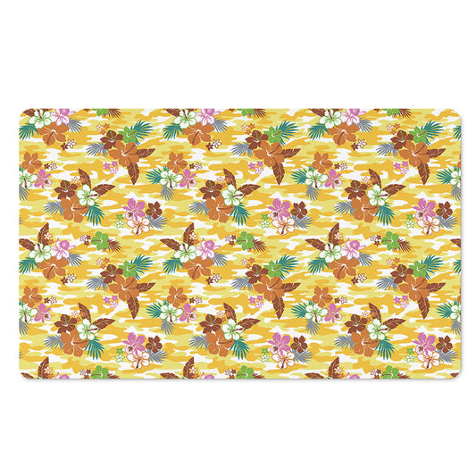 Yellow Camo And Hibiscus Flower Print Polyester Doormat