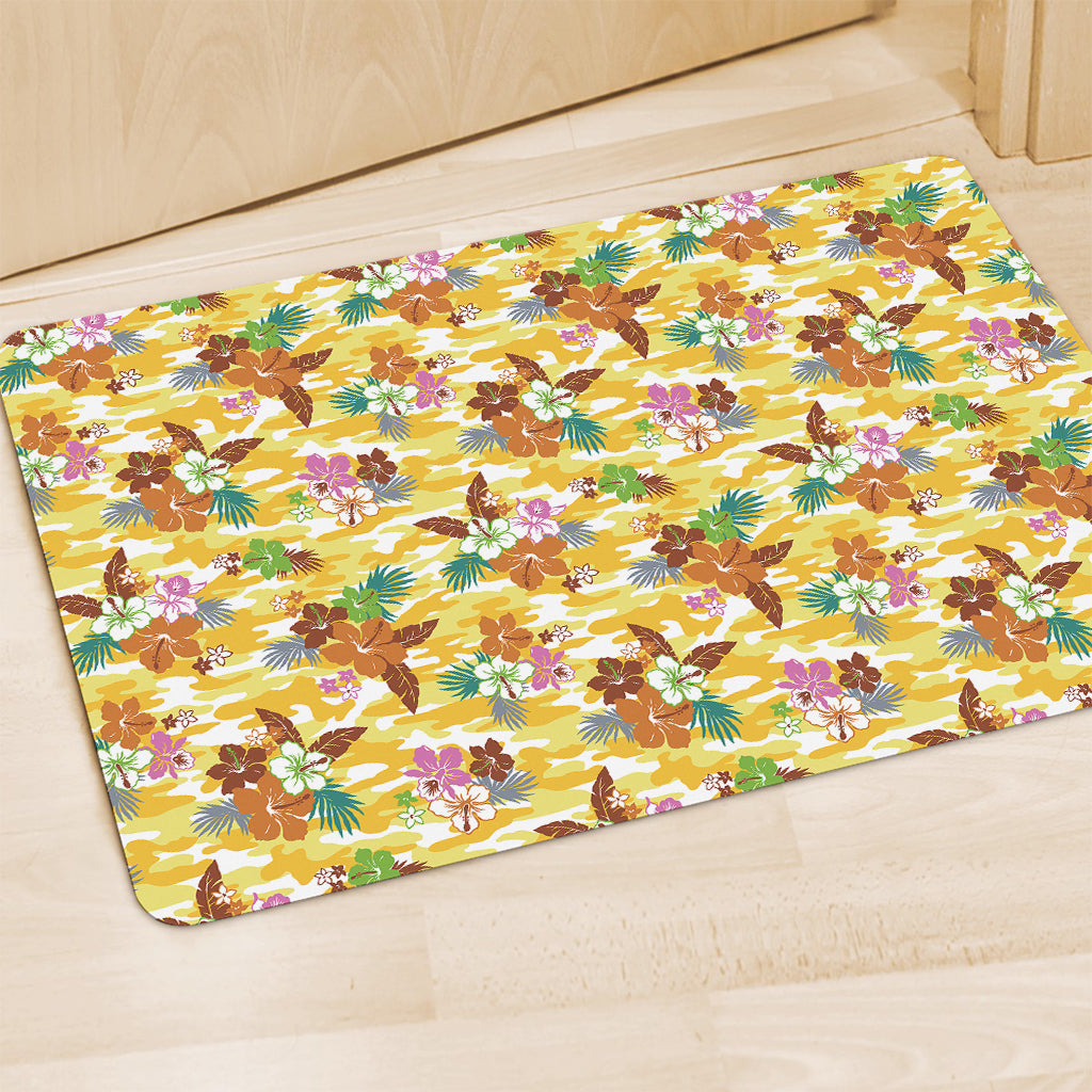 Yellow Camo And Hibiscus Flower Print Polyester Doormat