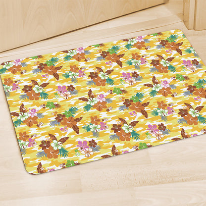 Yellow Camo And Hibiscus Flower Print Polyester Doormat