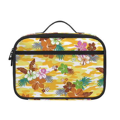 Yellow Camo And Hibiscus Flower Print Portable Lunch Bag