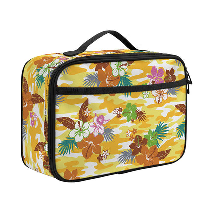 Yellow Camo And Hibiscus Flower Print Portable Lunch Bag