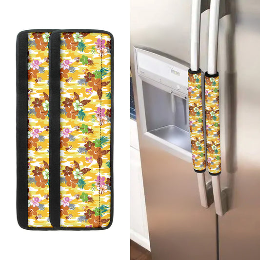 Yellow Camo And Hibiscus Flower Print Refrigerator Handle Covers