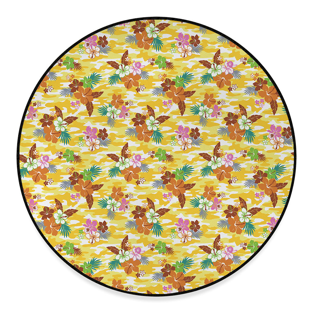 Yellow Camo And Hibiscus Flower Print Round Floor Mat