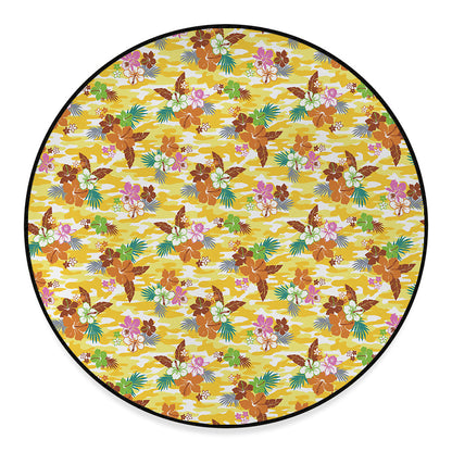 Yellow Camo And Hibiscus Flower Print Round Floor Mat