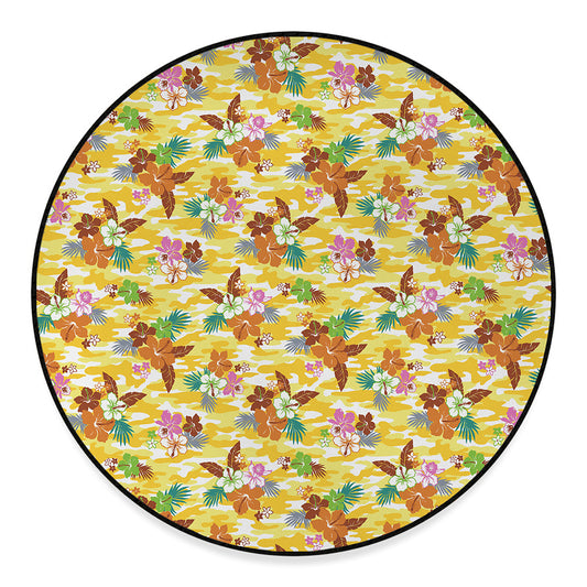 Yellow Camo And Hibiscus Flower Print Round Floor Mat