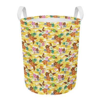 Yellow Camo And Hibiscus Flower Print Round Laundry Basket