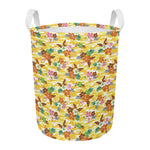 Yellow Camo And Hibiscus Flower Print Round Laundry Basket