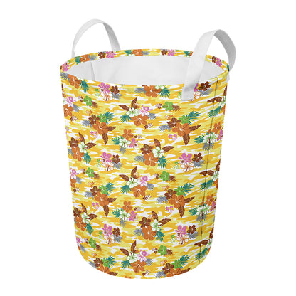 Yellow Camo And Hibiscus Flower Print Round Laundry Basket