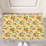 Yellow Camo And Hibiscus Flower Print Rubber Doormat