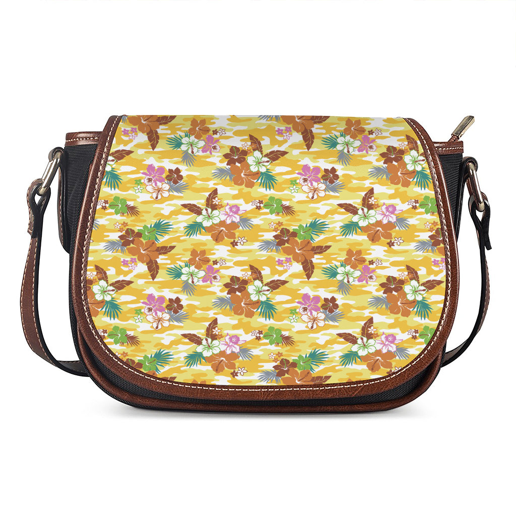 Yellow Camo And Hibiscus Flower Print Saddle Bag