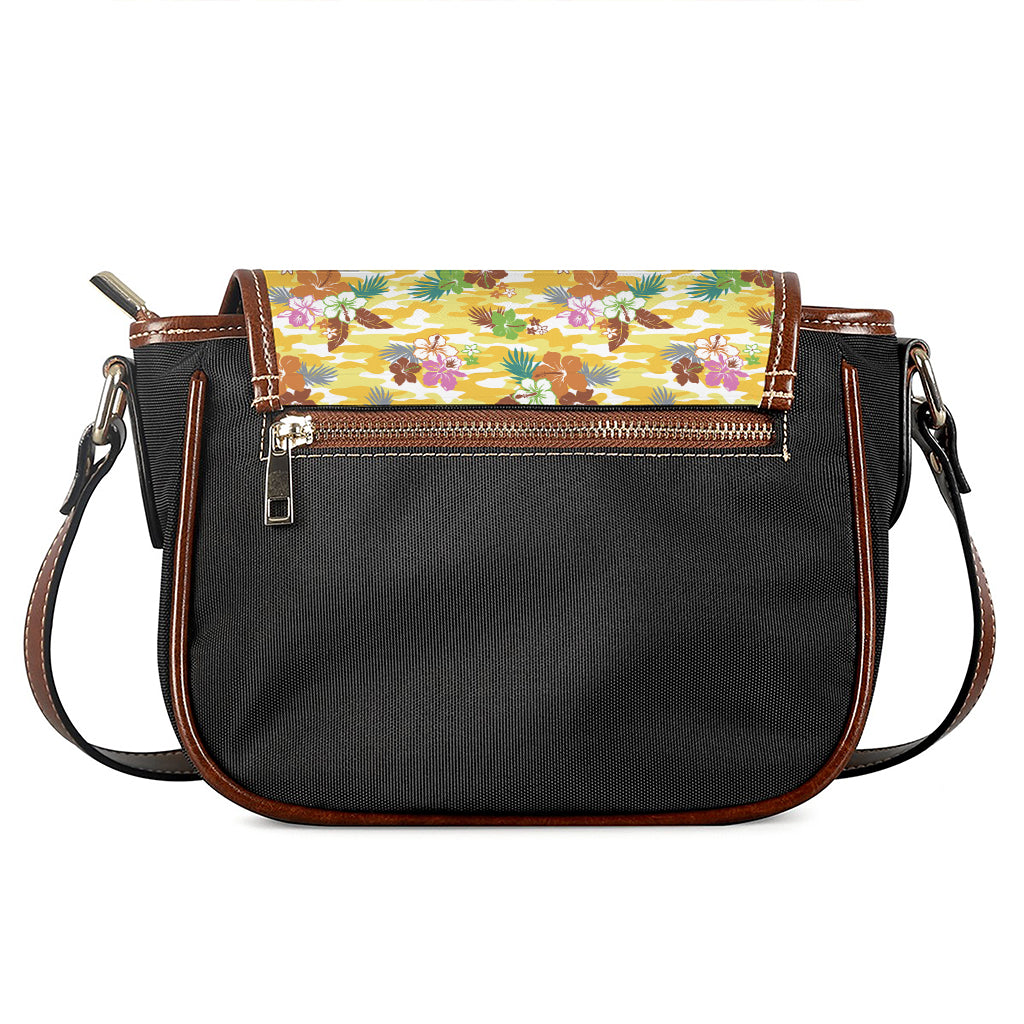 Yellow Camo And Hibiscus Flower Print Saddle Bag
