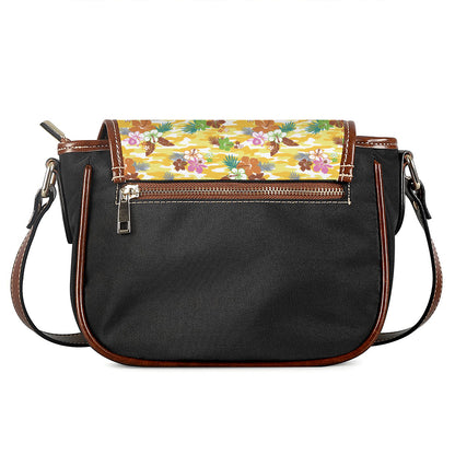 Yellow Camo And Hibiscus Flower Print Saddle Bag