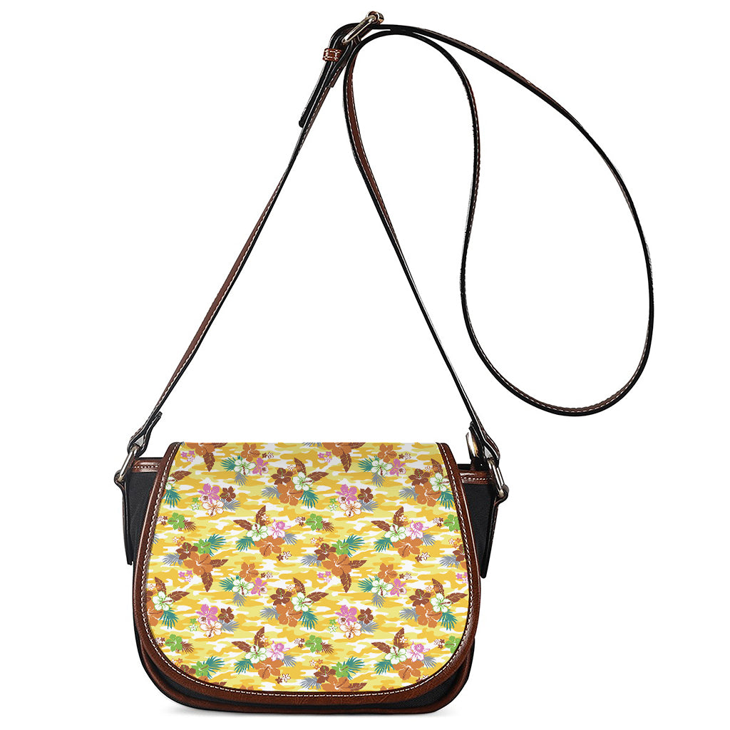 Yellow Camo And Hibiscus Flower Print Saddle Bag