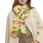 Yellow Camo And Hibiscus Flower Print Scarf