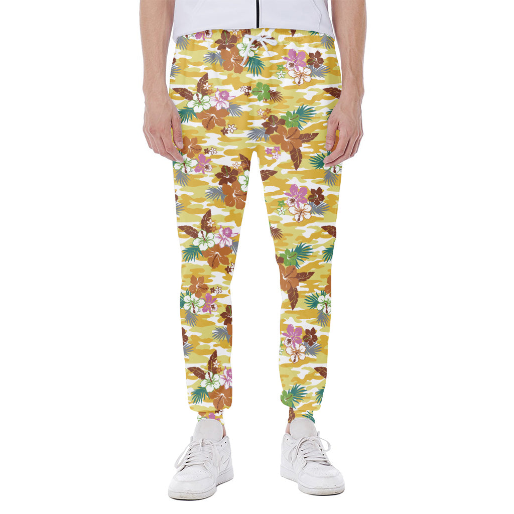 Yellow Camo And Hibiscus Flower Print Scuba Joggers