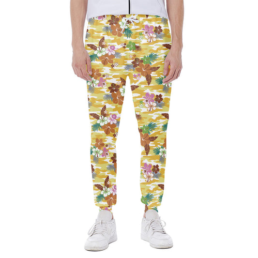 Yellow Camo And Hibiscus Flower Print Scuba Joggers