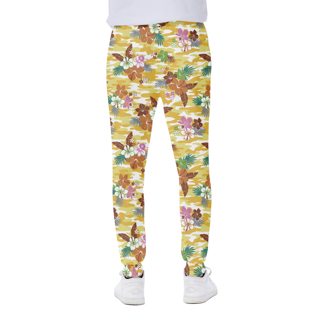 Yellow Camo And Hibiscus Flower Print Scuba Joggers