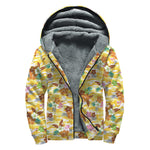 Yellow Camo And Hibiscus Flower Print Sherpa Lined Zip Up Hoodie