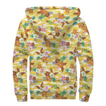 Yellow Camo And Hibiscus Flower Print Sherpa Lined Zip Up Hoodie