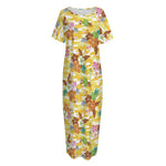 Yellow Camo And Hibiscus Flower Print Short Sleeve Long Nightdress