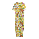 Yellow Camo And Hibiscus Flower Print Short Sleeve Long Nightdress