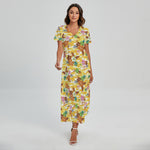 Yellow Camo And Hibiscus Flower Print Short Sleeve Maxi Dress