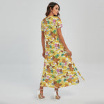 Yellow Camo And Hibiscus Flower Print Short Sleeve Maxi Dress