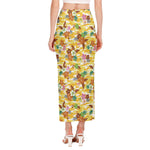 Yellow Camo And Hibiscus Flower Print Side Slit Maxi Skirt