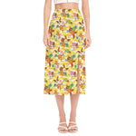 Yellow Camo And Hibiscus Flower Print Side Slit Midi Skirt
