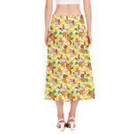 Yellow Camo And Hibiscus Flower Print Side Slit Midi Skirt