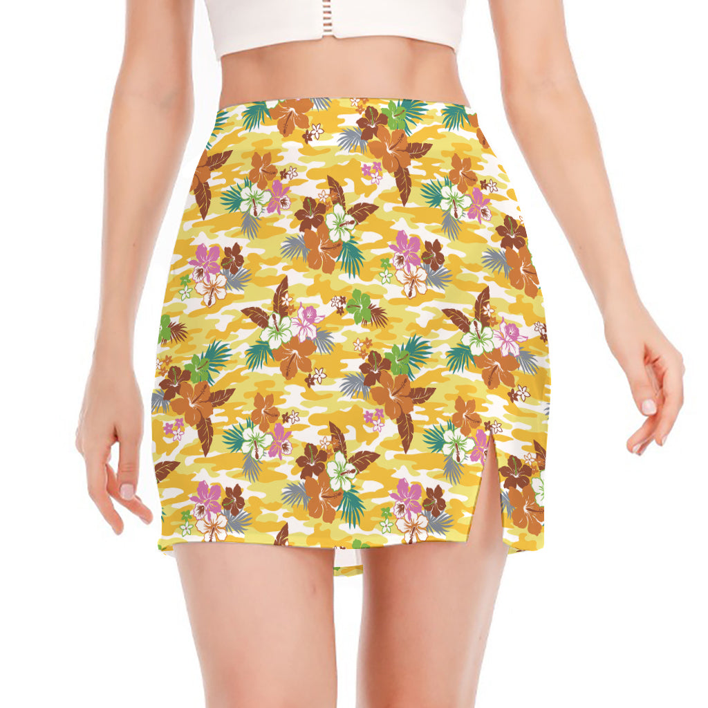 Yellow Camo And Hibiscus Flower Print Side Slit Mini Skirt
