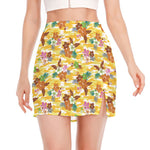 Yellow Camo And Hibiscus Flower Print Side Slit Mini Skirt