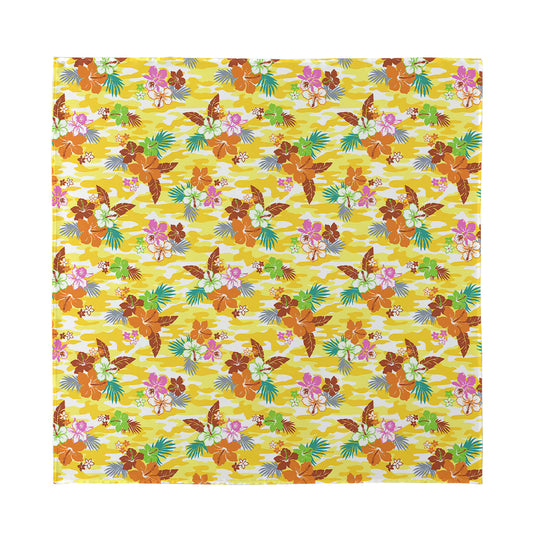 Yellow Camo And Hibiscus Flower Print Silk Bandana