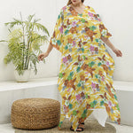 Yellow Camo And Hibiscus Flower Print Silk V-Neck Kaftan Dress