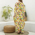 Yellow Camo And Hibiscus Flower Print Silk V-Neck Kaftan Dress
