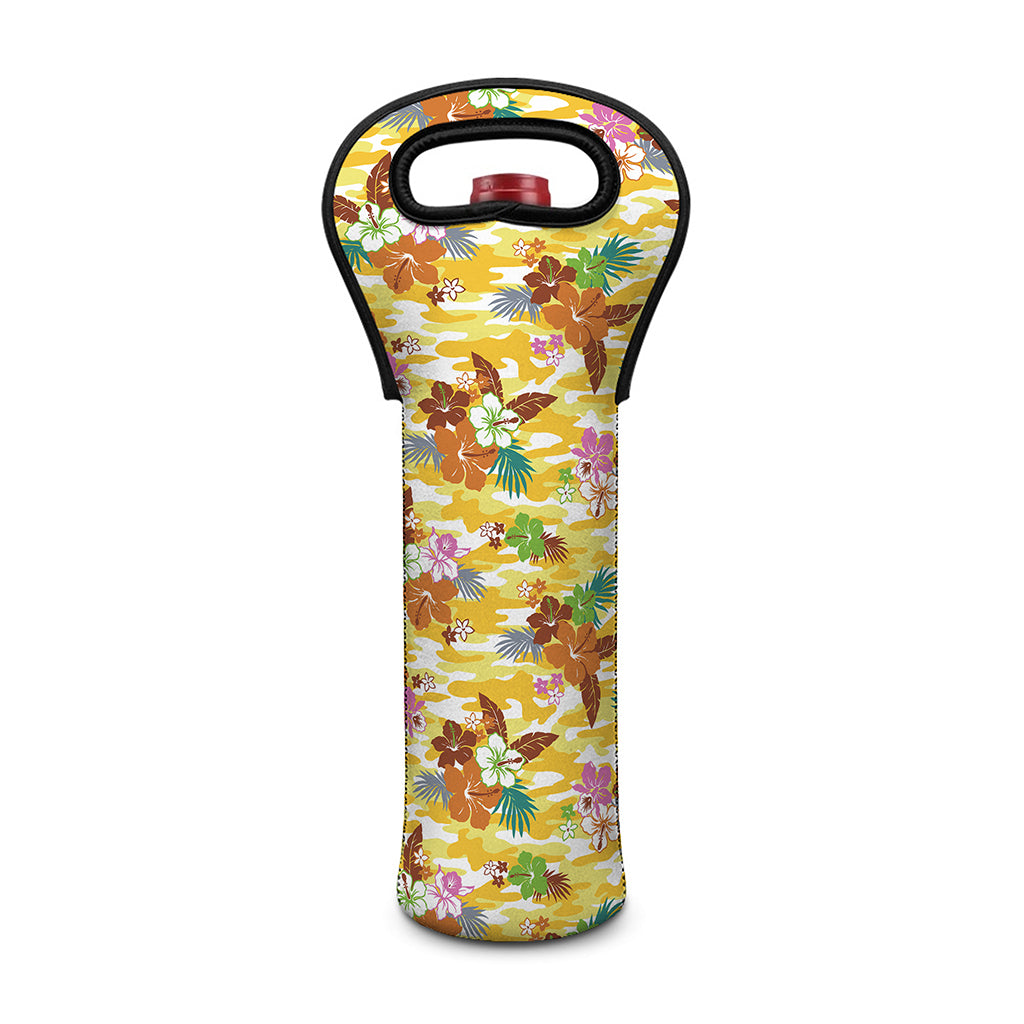 Yellow Camo And Hibiscus Flower Print Single Neoprene Wine Tote