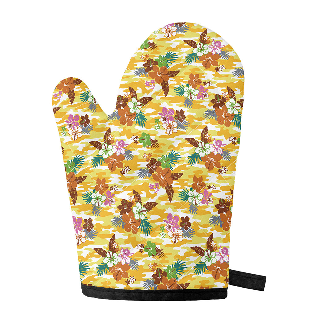 Yellow Camo And Hibiscus Flower Print Single Oven Mitt