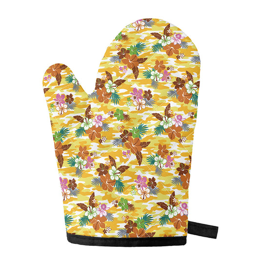 Yellow Camo And Hibiscus Flower Print Single Oven Mitt