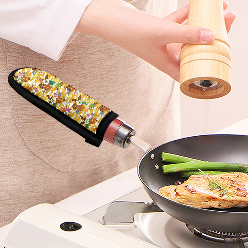 Yellow Camo And Hibiscus Flower Print Skillet Handle Cover