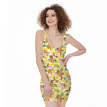 Yellow Camo And Hibiscus Flower Print Sleeveless Bodycon Dress