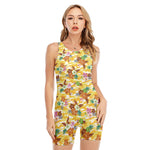 Yellow Camo And Hibiscus Flower Print Sleeveless One Piece Swimsuit