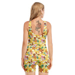 Yellow Camo And Hibiscus Flower Print Sleeveless One Piece Swimsuit