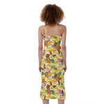 Yellow Camo And Hibiscus Flower Print Slim Fit Midi Cami Dress